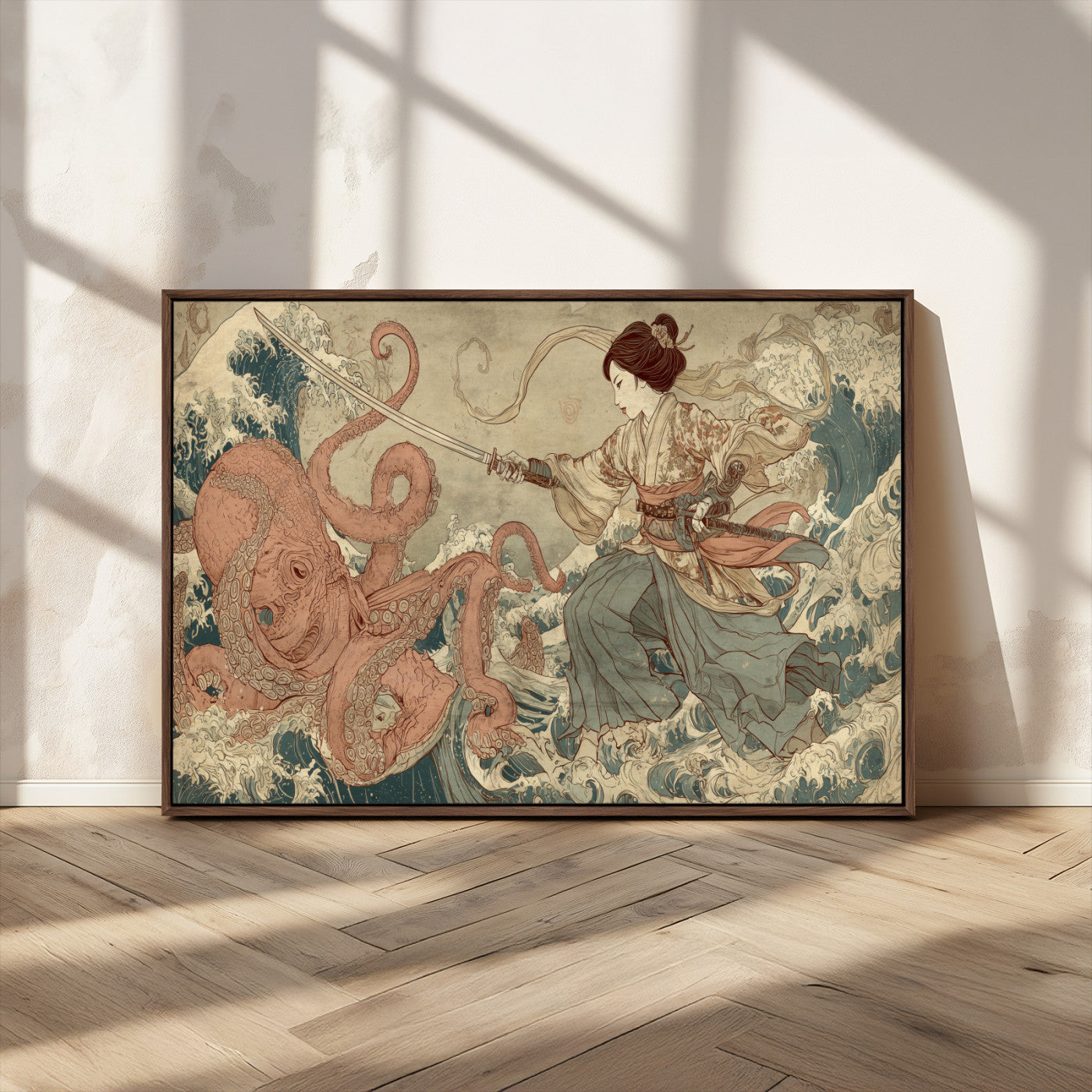 Tsukioka Yoshitoshi Samurai Wall Art Print, Japanese Katana Warrior Canvas Wall Art, Octopus Sea Monster Canvas Print,