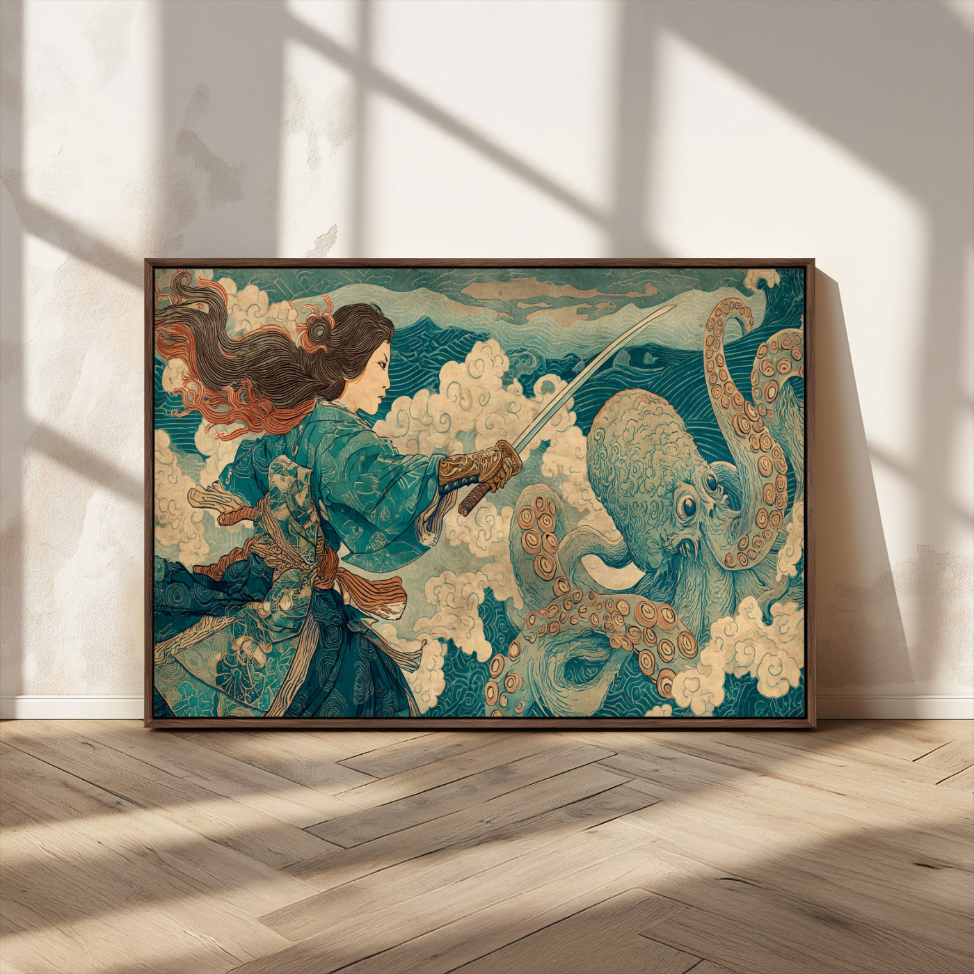 Tsukioka Yoshitoshi Samurai Wall Art Print, Japanese Katana Warrior Canvas Wall Art, Octopus Sea Monster Canvas Print,