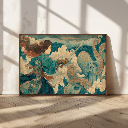 Tsukioka Yoshitoshi Samurai Wall Art Print, Japanese Katana Warrior Canvas Wall Art, Octopus Sea Monster Canvas Print,