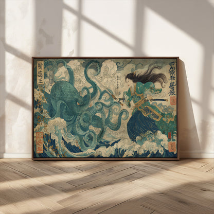 Tsukioka Yoshitoshi Samurai Wall Art Print, Japanese Katana Warrior Canvas Wall Art, Octopus Sea Monster Canvas Print,