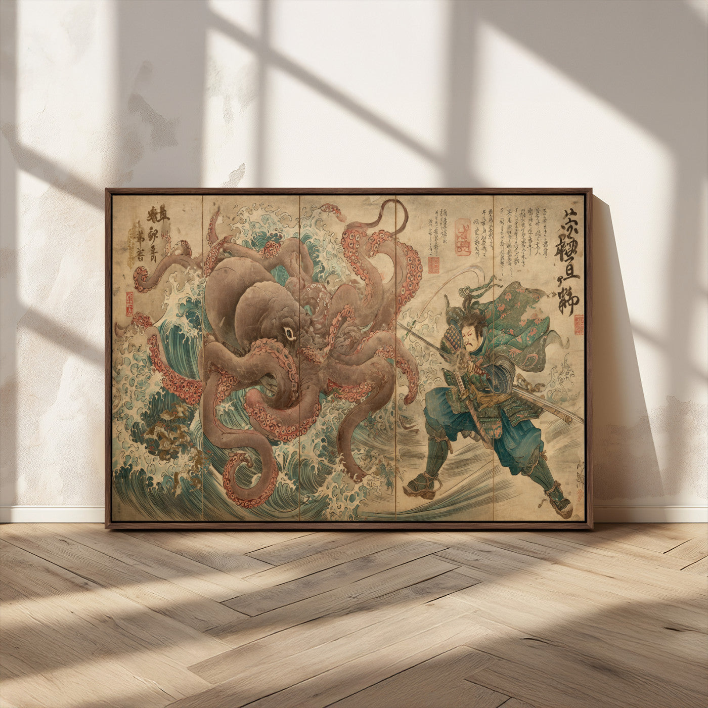 Tsukioka Yoshitoshi Samurai Wall Art Print, Japanese Katana Warrior Canvas Wall Art, Octopus Sea Monster Canvas Print,