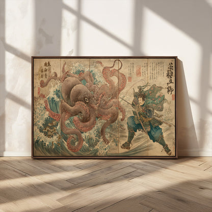 Tsukioka Yoshitoshi Samurai Wall Art Print, Japanese Katana Warrior Canvas Wall Art, Octopus Sea Monster Canvas Print,