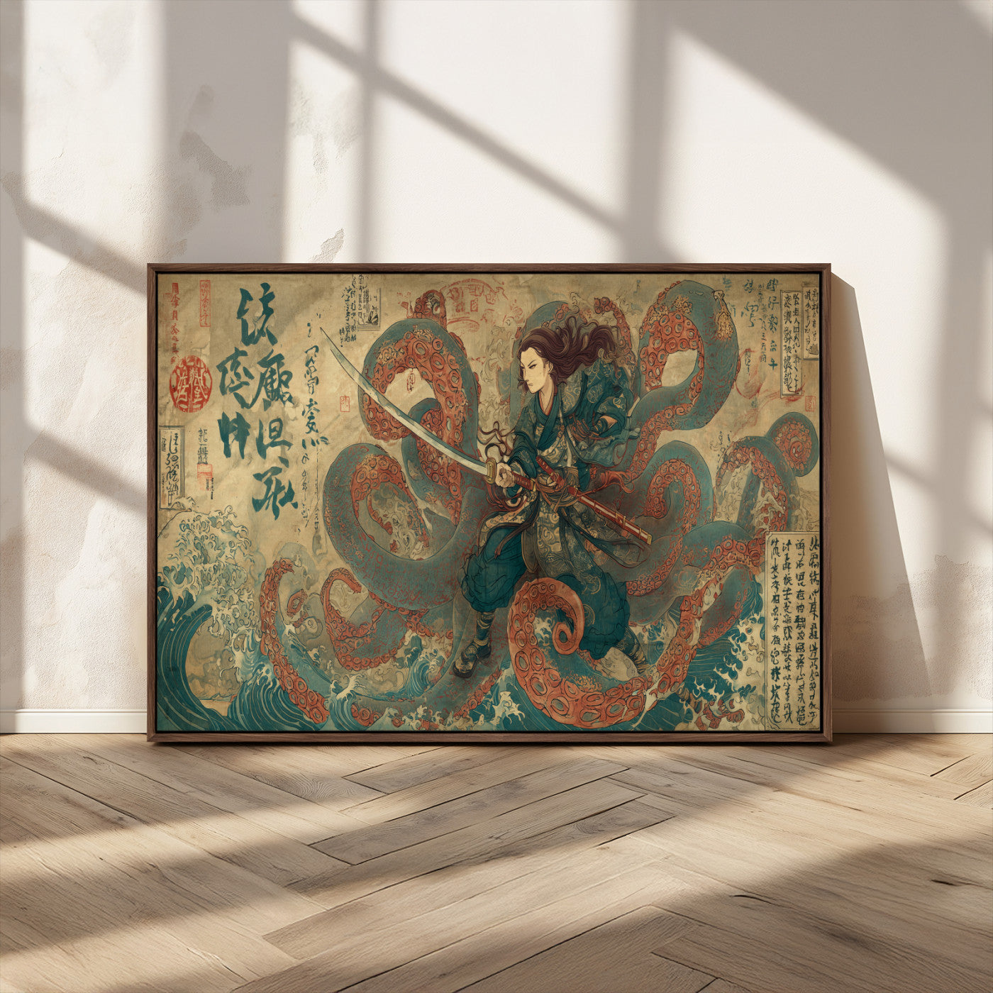 Tsukioka Yoshitoshi Samurai Wall Art Print, Japanese Katana Warrior Canvas Wall Art, Octopus Sea Monster Canvas Print,