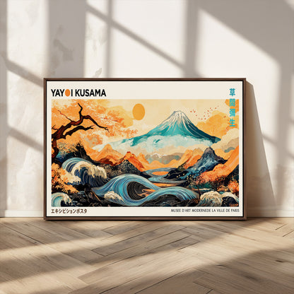 Modern Japanese-style art print featuring a stylized Mount Fuji, flowing waves, and vibrant landscapes in bold colors, inspired by traditional and contemporary aesthetics.