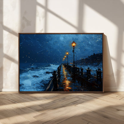 "Impressionistic painting of a rainy pier at night with glowing street lamps reflecting on the wet surface, ocean waves crashing under a dark blue sky."