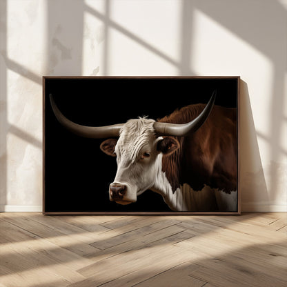 "Close-up of a brown and white longhorn cow with prominent curved horns against a black background."