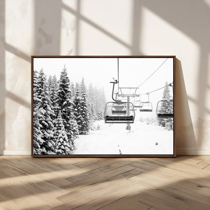 Black and white canvas of empty ski lifts over a snowy pine forest, perfect for minimal winter or ski lodge-inspired decor.
