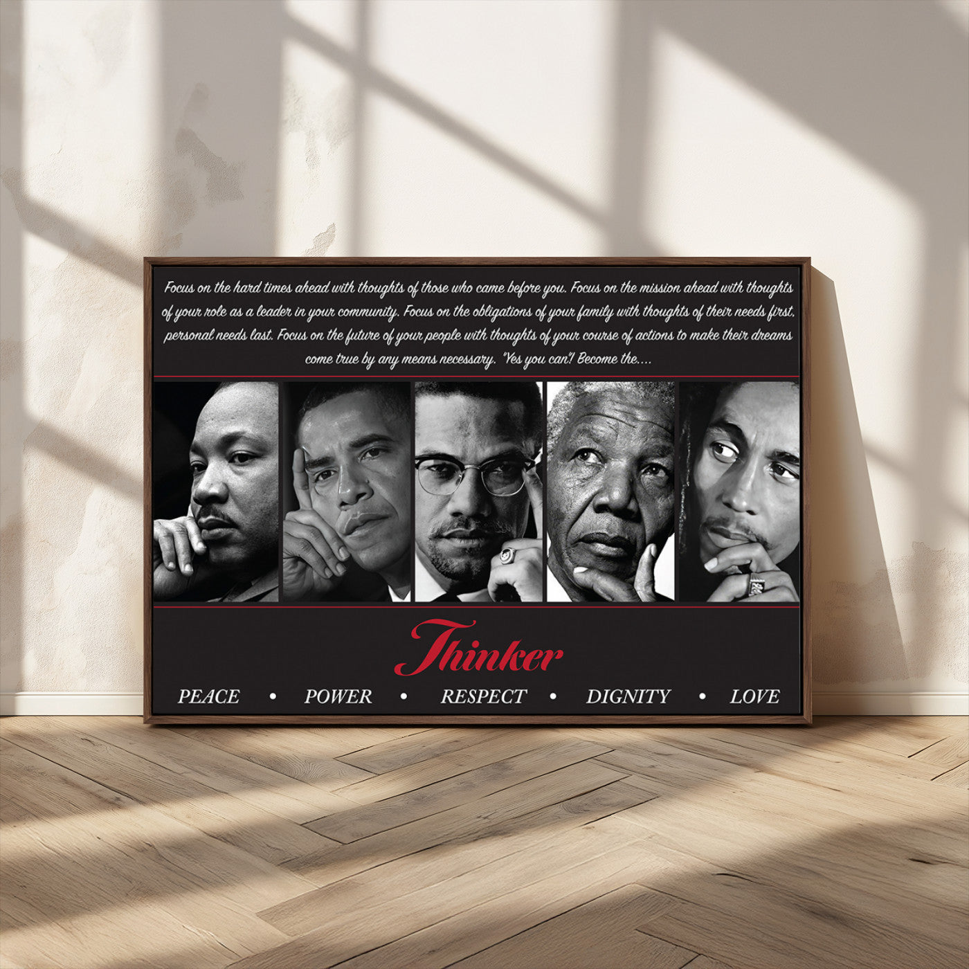 Monochrome canvas of iconic Black leaders with a powerful quote, perfect for modern spaces with a cultural or motivational theme.