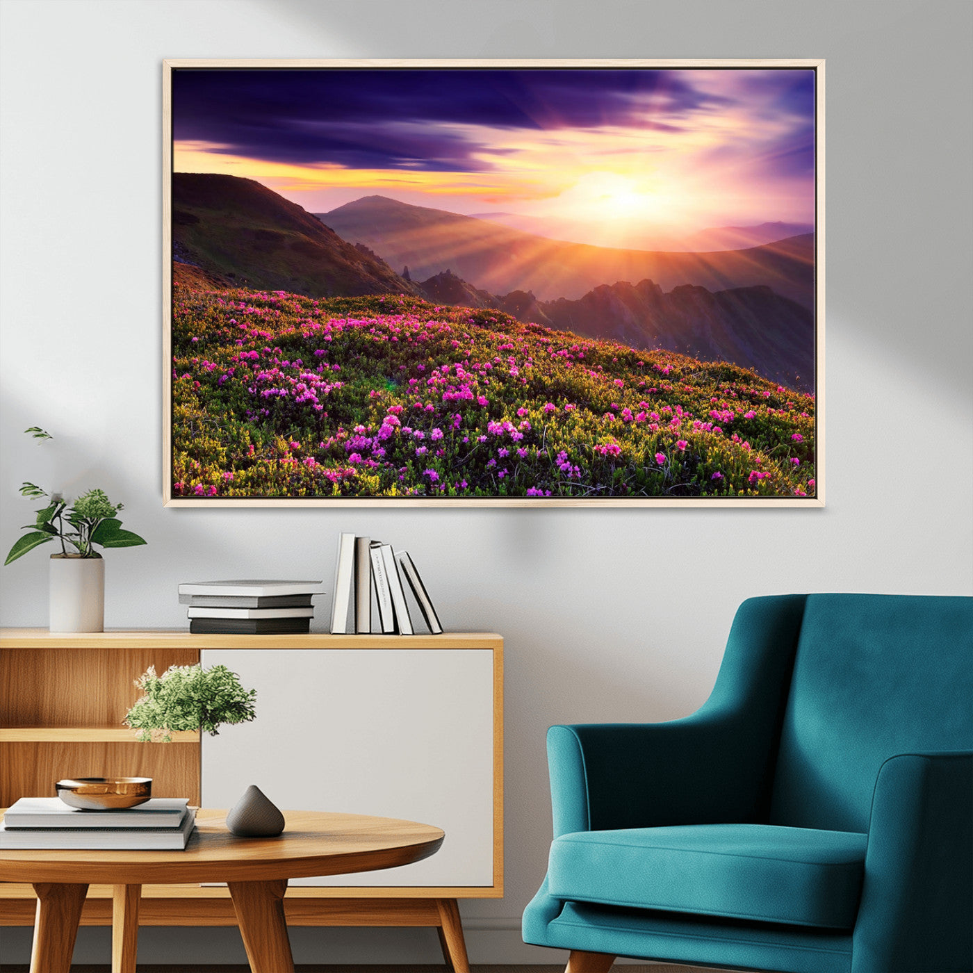 -Mountain Sunrise Wall Art – Vibrant Floral Landscape Canvas Print, Nature Home Decor for Living Room, Bedroom Office or Cabin