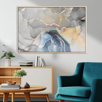 -Abstract Fluid Art Wall Decor – Blue, Gray & Gold Canvas Print, Modern Home and Office Wall Art Decor for Living Room, Bedroom or Workspace