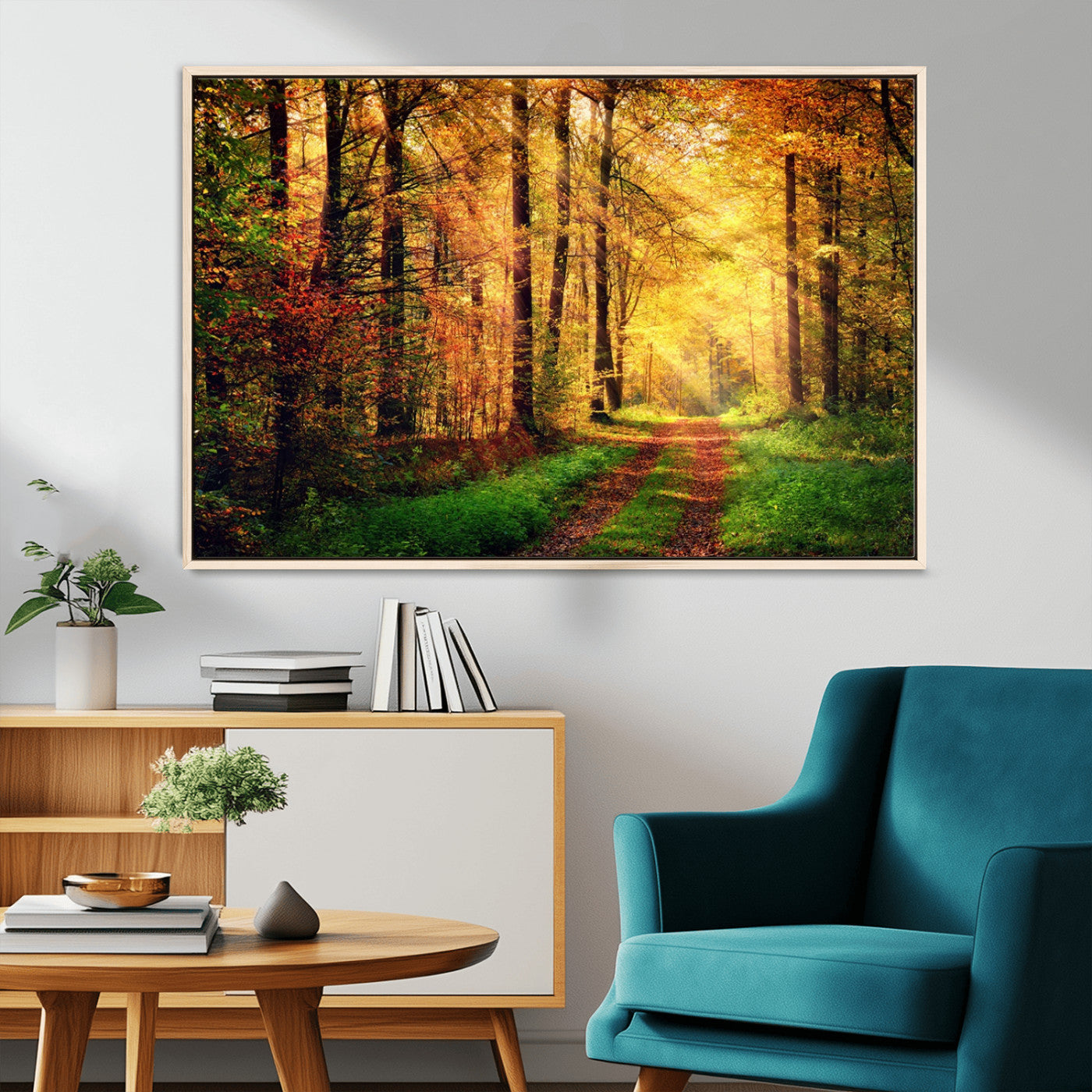 73494-MGV-CV-36X24-Golden Autumn Forest Path Wall Art – Sunlit Woodland Canvas Print, Fall Nature Landscape Home Decor