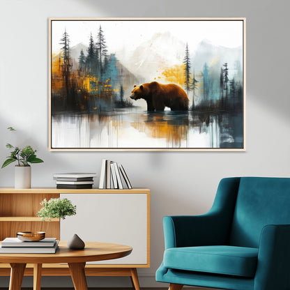 A majestic bear stands by the serene waters of a misty forest, surrounded by towering trees and distant mountains, evoking the raw beauty and wild spirit of nature.