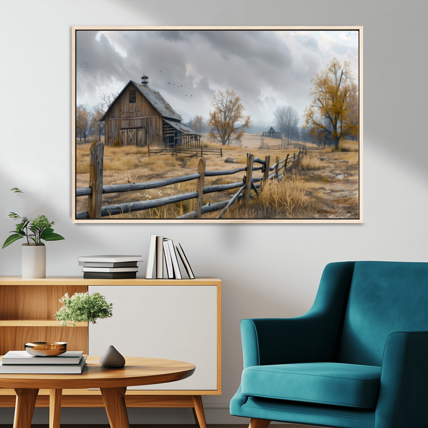 A tranquil rural scene featuring a rustic barn, overcast skies, and golden fields with scattered trees, evoking a sense of peaceful solitude in nature.
