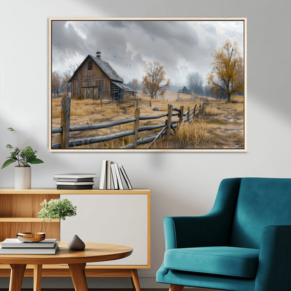 A tranquil rural scene featuring a rustic barn, overcast skies, and golden fields with scattered trees, evoking a sense of peaceful solitude in nature.
