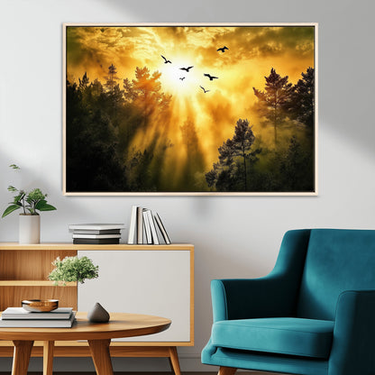 Canvas of a golden forest at sunset with birds flying through glowing sunbeams and silhouetted pine trees, ideal for warm-toned rustic decor.