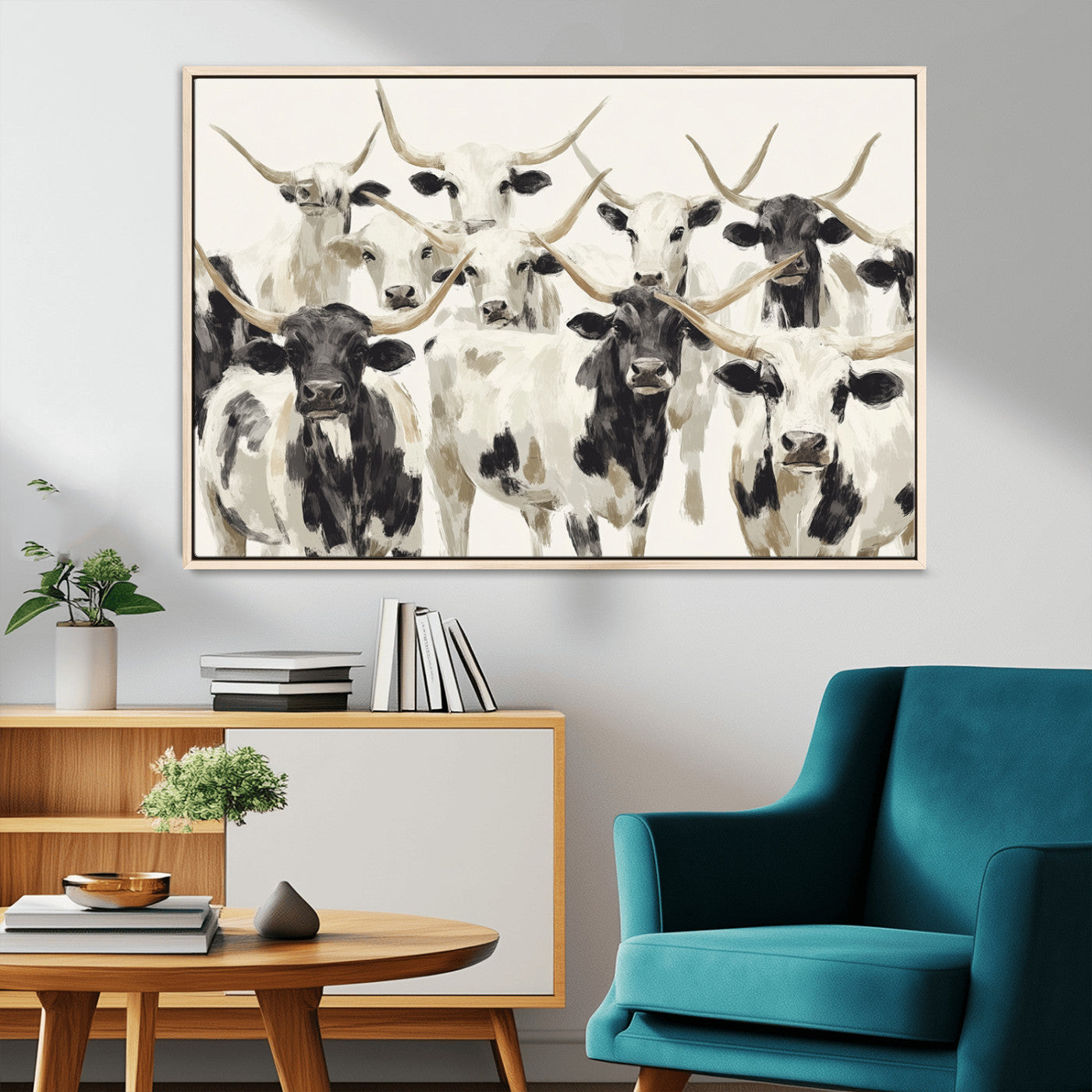 Canvas of a Texas Longhorn cattle herd in neutral black and white tones, ideal for rustic farmhouse or western-themed decor.