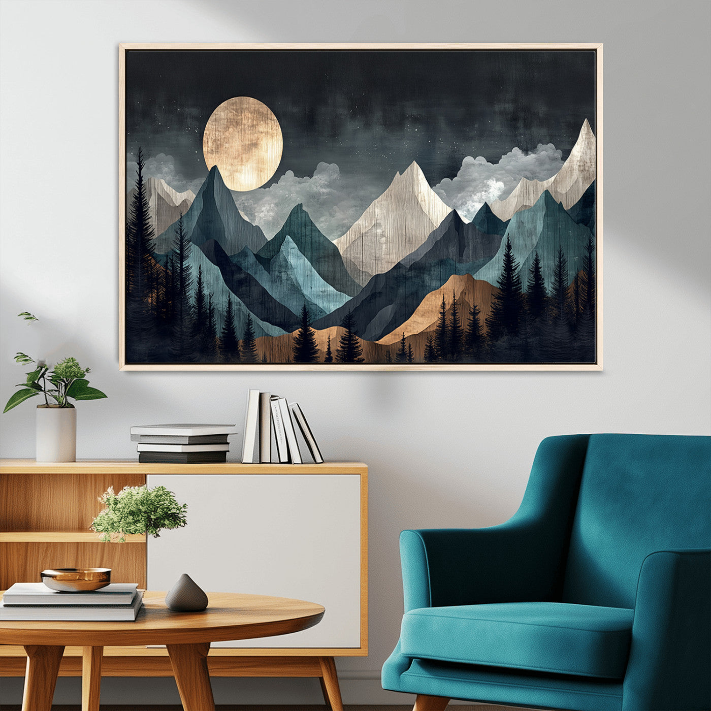 Stylized canvas of layered mountains under a full moon in neutral moody tones, ideal for nature-inspired or modern rustic interiors.