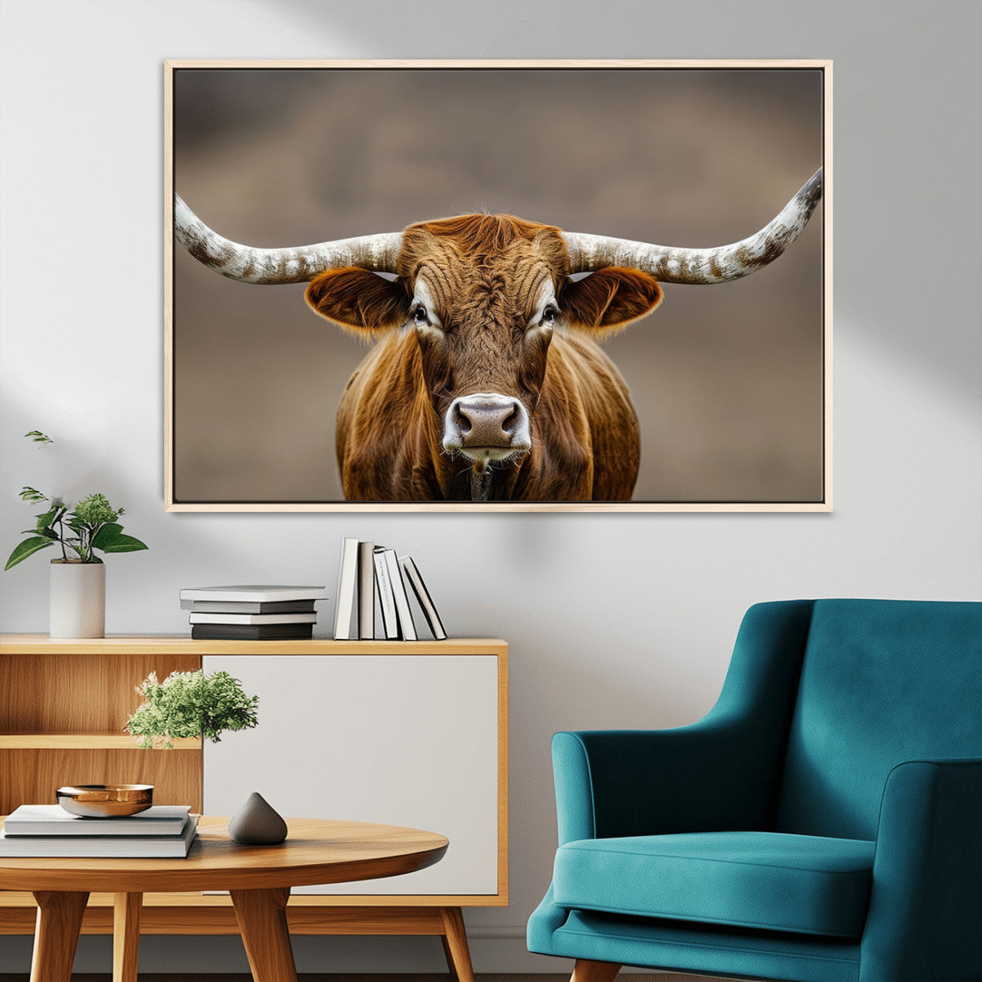 Close-up of a Texas Longhorn with strong curved horns and warm brown tones, perfect for rustic or western-style wall decor.