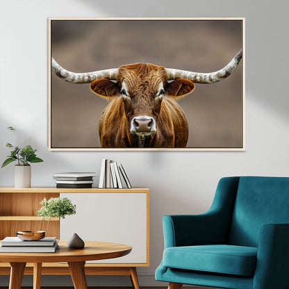 Close-up of a Texas Longhorn with strong curved horns and warm brown tones, perfect for rustic or western-style wall decor.