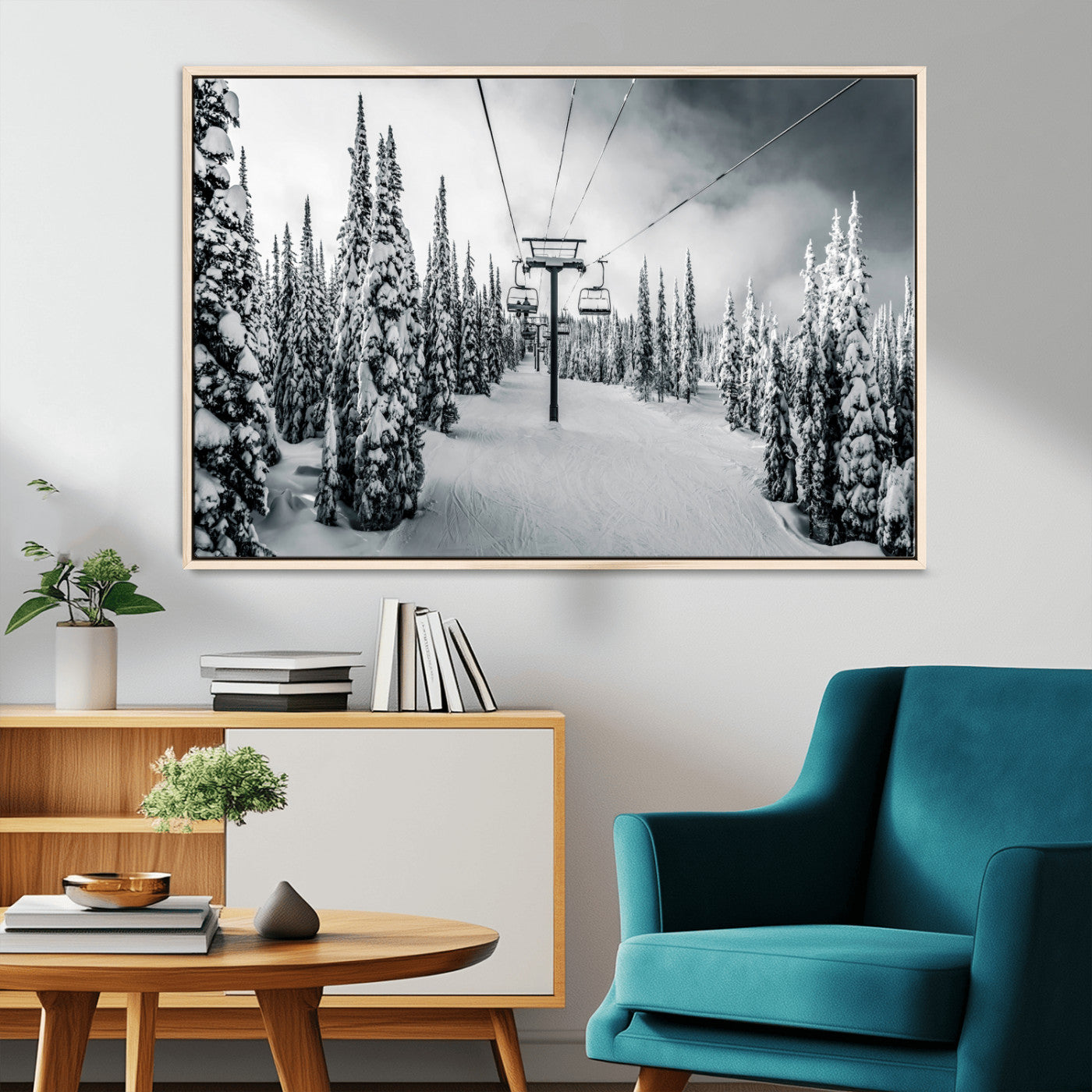 Canvas of a snowy ski lift scene through a forest of tall pine trees, ideal for moody winter or alpine-themed home decor.
