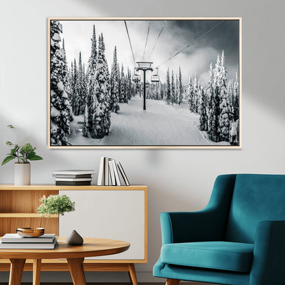 Canvas of a snowy ski lift scene through a forest of tall pine trees, ideal for moody winter or alpine-themed home decor.