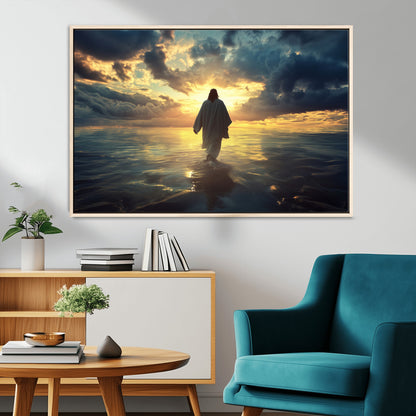 Spiritual artwork of Jesus walking on water at golden hour with divine light, ideal for Christian home decor or prayer room.