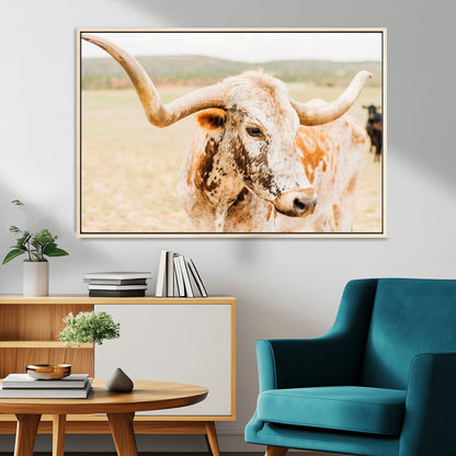 Close-up of a speckled Texas Longhorn in warm prairie tones, perfect for rustic western or countryside-themed room decor.