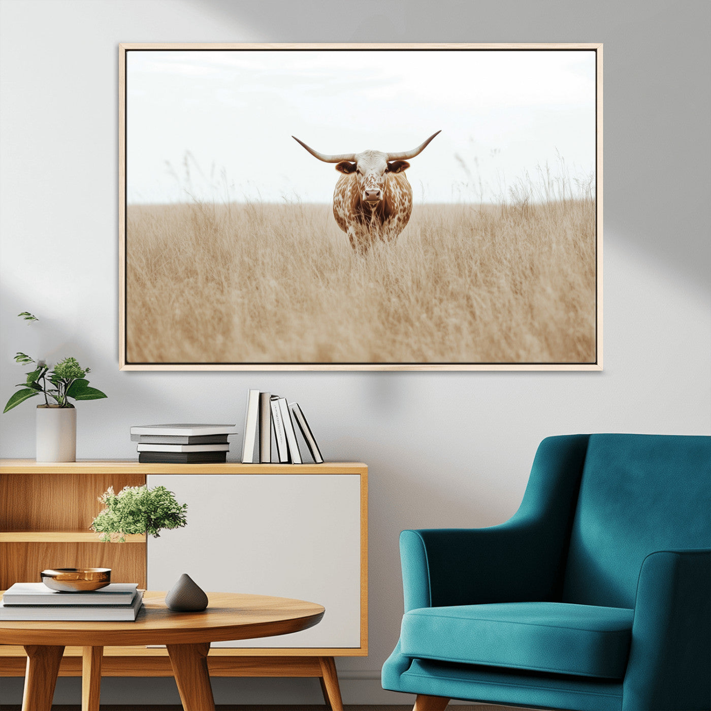 Texas Longhorn bull standing alone in dry grass with neutral tones, ideal for rustic western or cowboy-themed wall decor.