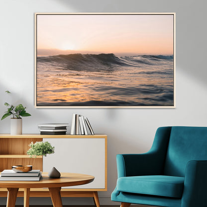 Framed canvas of ocean waves glowing in sunset light, ideal for golden hour calm or peaceful coastal-inspired wall decor.