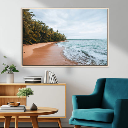Framed canvas of a tropical beach with palm trees and soft waves, ideal for coastal escape or serene nature-inspired home decor.
