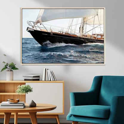 Close-up of a classic sailing yacht with wooden deck and full sails, perfect for nautical or coastal-style decor in ocean-themed spaces.