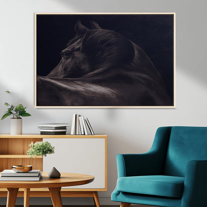 Close-up of a black horse with dramatic lighting on a dark background, perfect for rustic or masculine home decor.