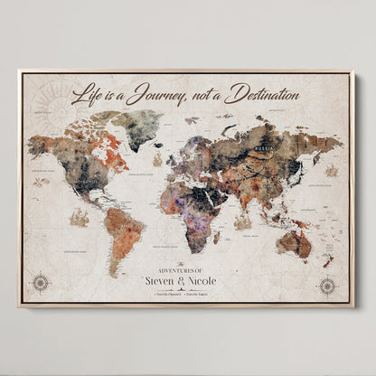 96000140-MGV-CV-36X24-Custom Push Pin World Map Wall Canvas Print – Personalized Travel Tracker with Pins – Framed Large Multi-Size Canvas for Home Office Decor