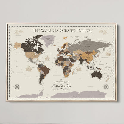 80998319-MGV-CV-36X24-Personalize World Map Push Pin Wall Canvas Print – Personalized Travel Tracker with Pins – Framed Large Multi-Size Canvas for Home Office Decor
