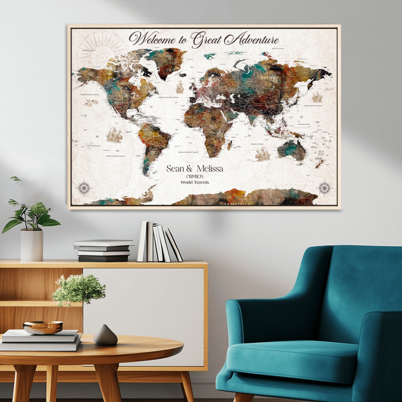 92462592-MGV-CV-36X24-Customize Push Pin World Map Wall Canvas Print – Personalizable Travel World Map with Pins – Framed Personalized Map Print for Couple Gift - H31