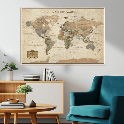 Custom Push Pin World Map Wall Canvas Print – Personalized Travel Tracker with Pins – Framed Custom Quotie Canvas for Home Office Decor
