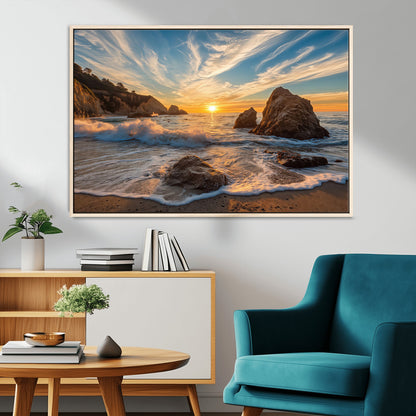 Rocky Ocean Sunset Wall Art Print, Seaside Canvas Wall Art, Dramatic Seascape Canvas Print for Coastal Modern Decor, Ocean Sunset Art Printing