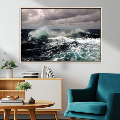 Powerful ocean waves crashing under stormy skies, creating a dynamic and intense seascape.