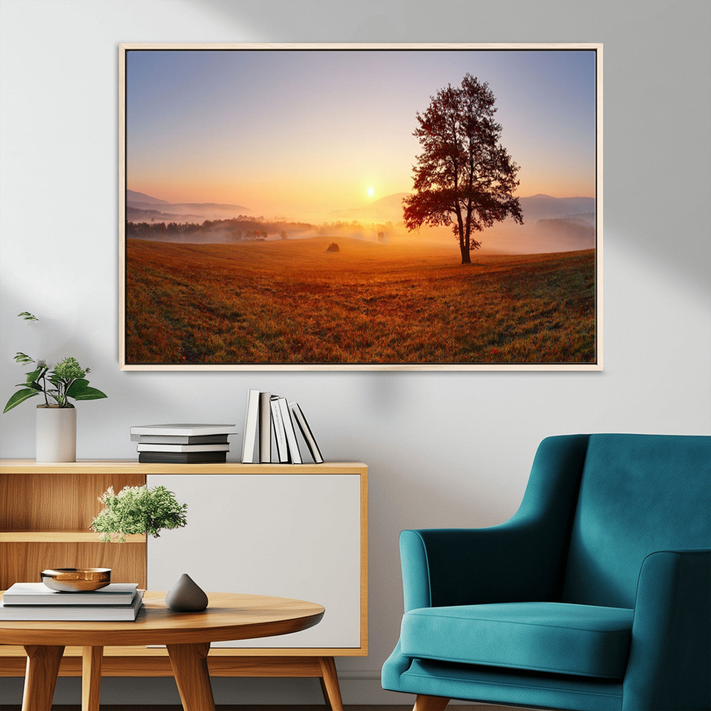 A tranquil landscape at sunrise with a mist-covered field and a lone tree, creating a peaceful and natural atmosphere.