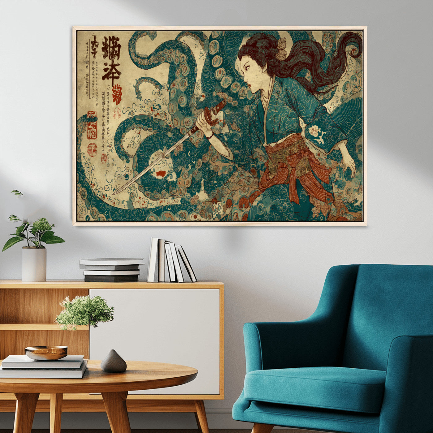 Tsukioka Yoshitoshi Samurai Wall Art Print, Japanese Katana Warrior Canvas Wall Art, Octopus Sea Monster Canvas Print,