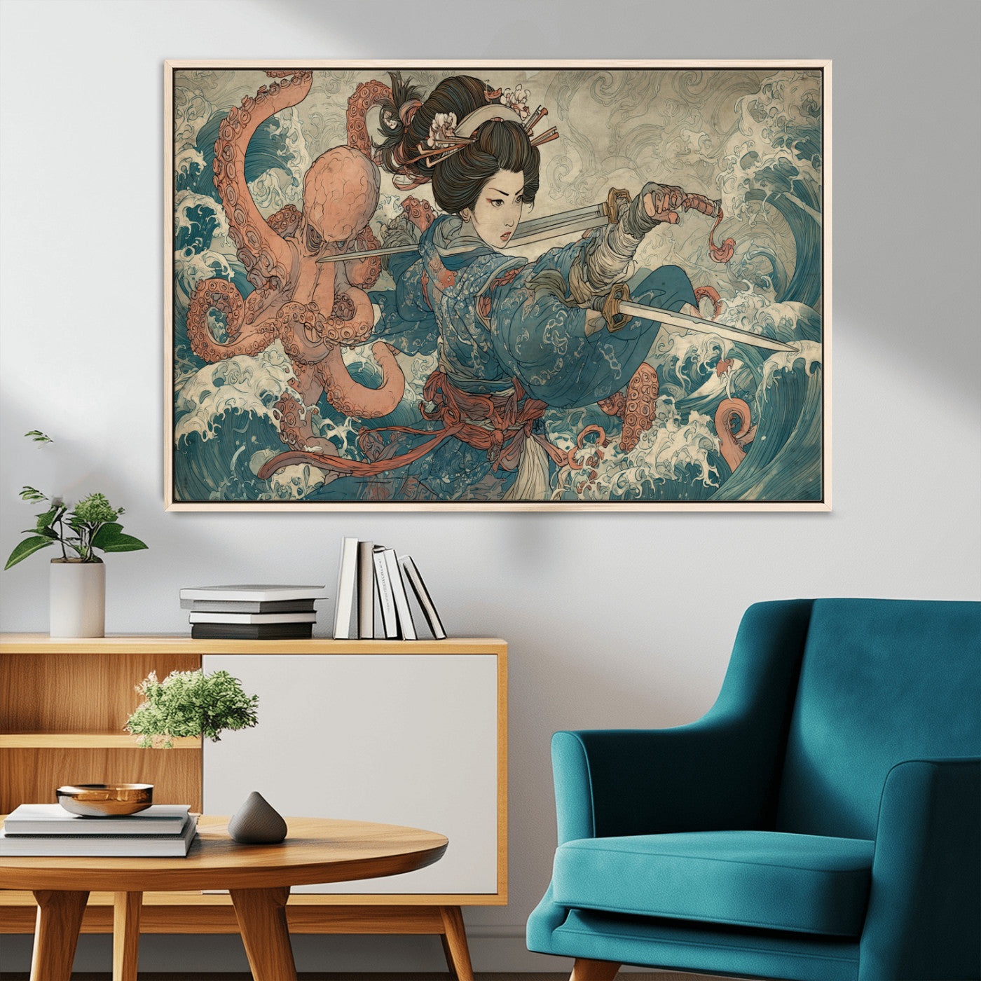 Tsukioka Yoshitoshi Samurai Wall Art Print, Japanese Katana Warrior Canvas Wall Art, Octopus Sea Monster Canvas Print,