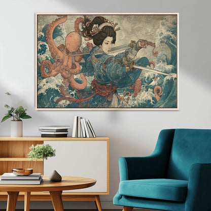 Tsukioka Yoshitoshi Samurai Wall Art Print, Japanese Katana Warrior Canvas Wall Art, Octopus Sea Monster Canvas Print,