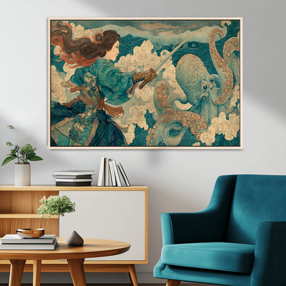 Tsukioka Yoshitoshi Samurai Wall Art Print, Japanese Katana Warrior Canvas Wall Art, Octopus Sea Monster Canvas Print,