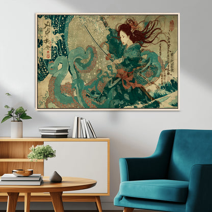 Tsukioka Yoshitoshi Samurai Wall Art Print, Japanese Katana Warrior Canvas Wall Art, Octopus Sea Monster Canvas Print,