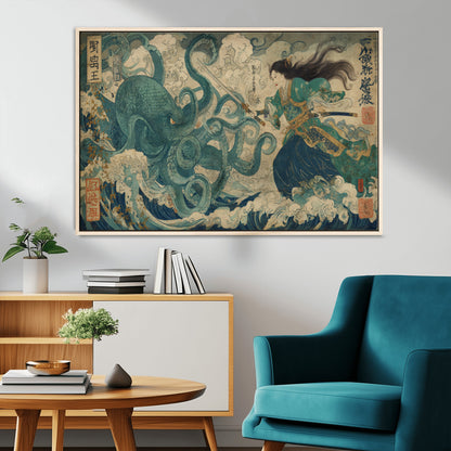 Tsukioka Yoshitoshi Samurai Wall Art Print, Japanese Katana Warrior Canvas Wall Art, Octopus Sea Monster Canvas Print,