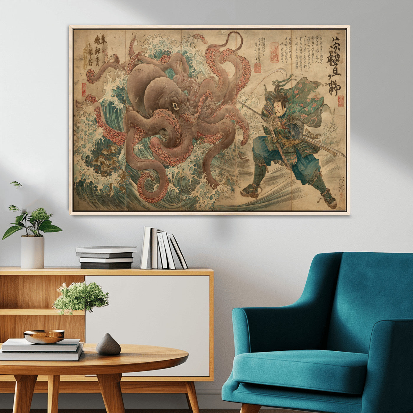 Tsukioka Yoshitoshi Samurai Wall Art Print, Japanese Katana Warrior Canvas Wall Art, Octopus Sea Monster Canvas Print,