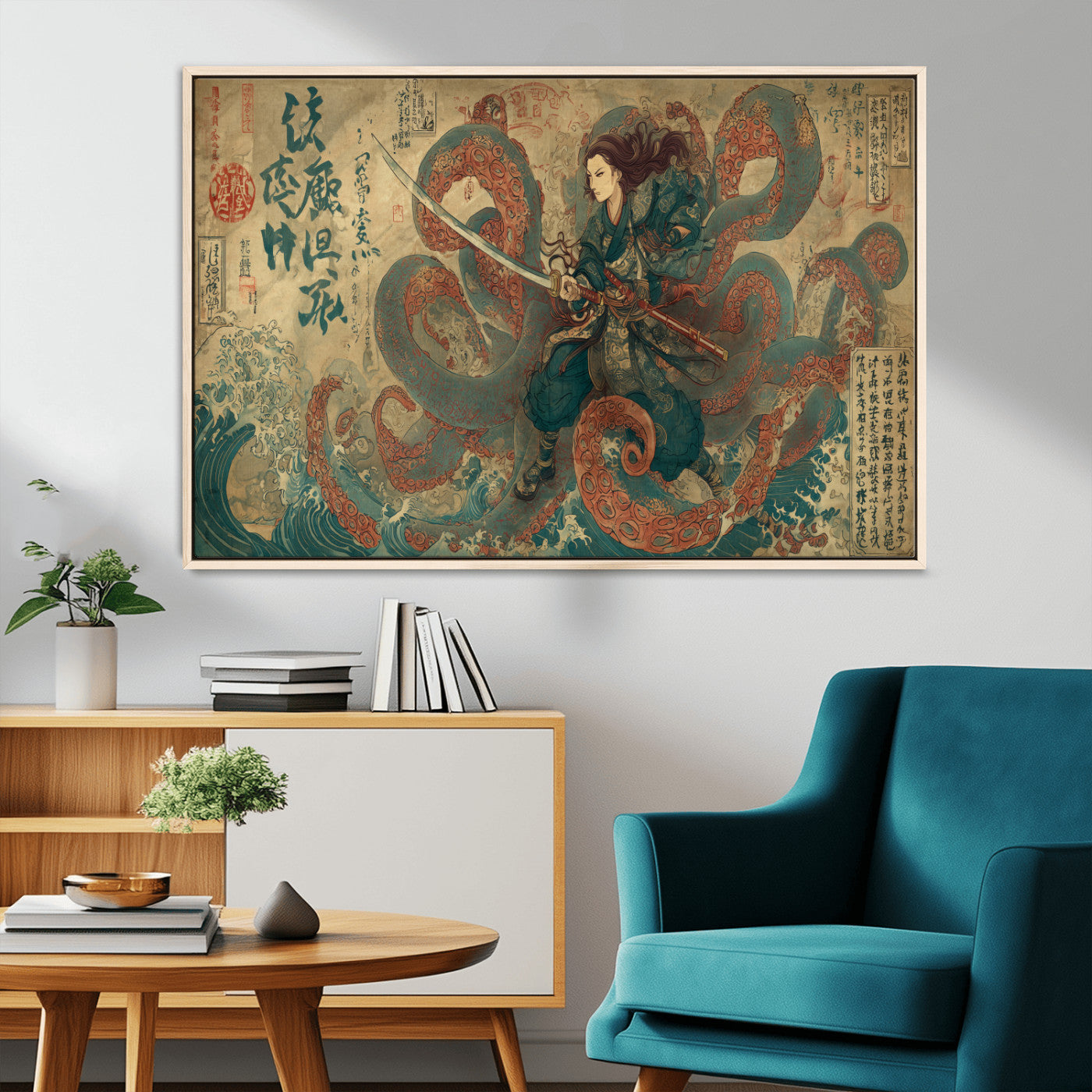 Tsukioka Yoshitoshi Samurai Wall Art Print, Japanese Katana Warrior Canvas Wall Art, Octopus Sea Monster Canvas Print,