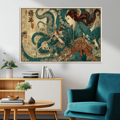 Tsukioka Yoshitoshi Samurai Wall Art Print, Japanese Katana Warrior Canvas Wall Art, Octopus Sea Monster Canvas Print,