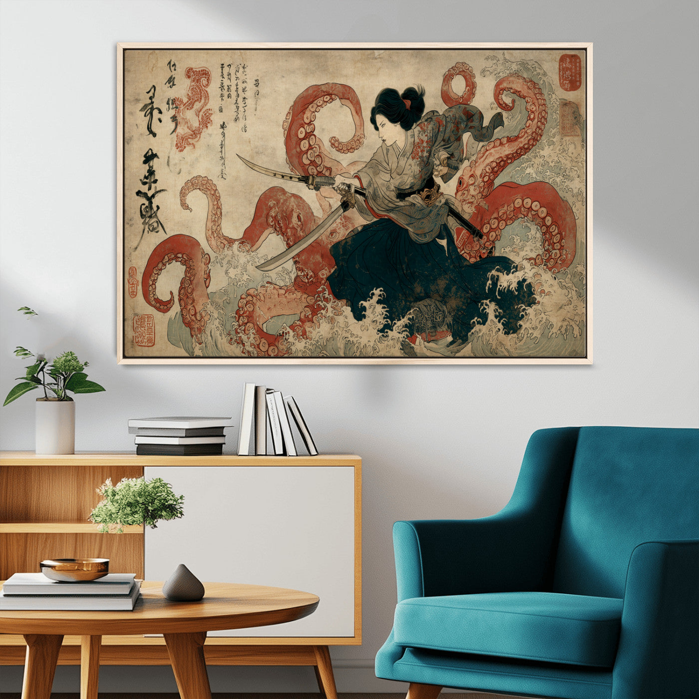 Tsukioka Yoshitoshi Samurai Wall Art Print, Japanese Katana Warrior Canvas Wall Art, Octopus Sea Monster Canvas Print,