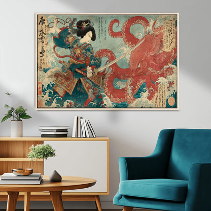 Tsukioka Yoshitoshi Samurai Wall Art Print, Japanese Katana Warrior Canvas Wall Art, Octopus Sea Monster Canvas Print,